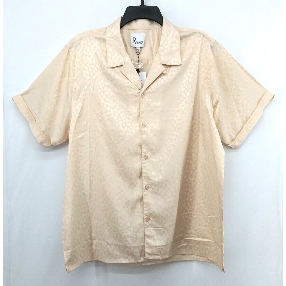 R by RAGA Shirt Mens Size XL Ivory Faint Animal Print Short Sleeve Button Up